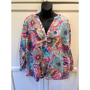 Talbots Bright Multicolor Linen Paisley V-Neck Women's Top, Plus Petite Size 1Xp